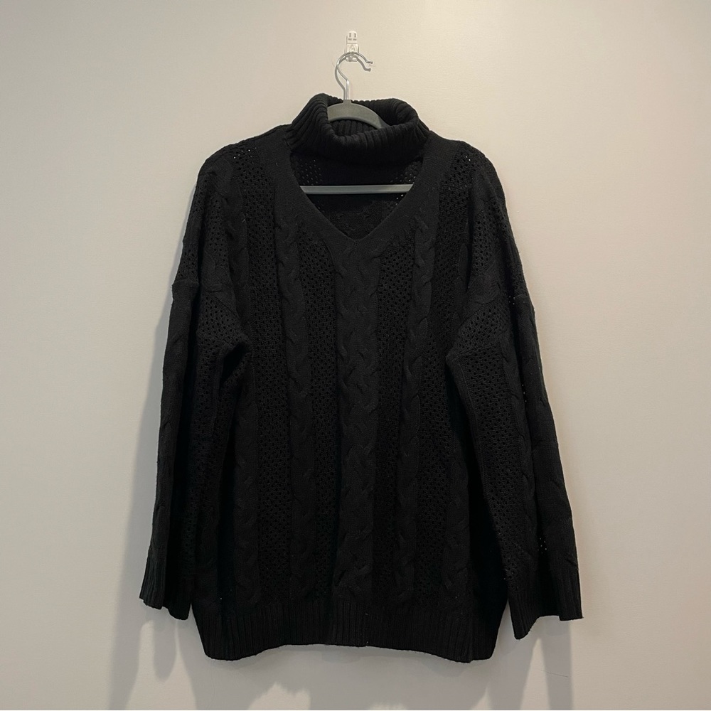 Black Oversized Knit Turtleneck Sweater With Cut Out Gem